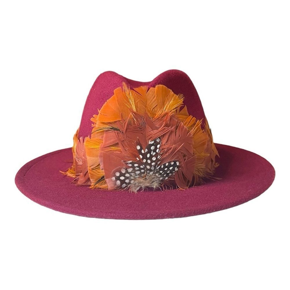 Beautiful Wine Color Felt Fedora with Elaborate Feather Hat Band - UNISEX - Picture 2 of 10